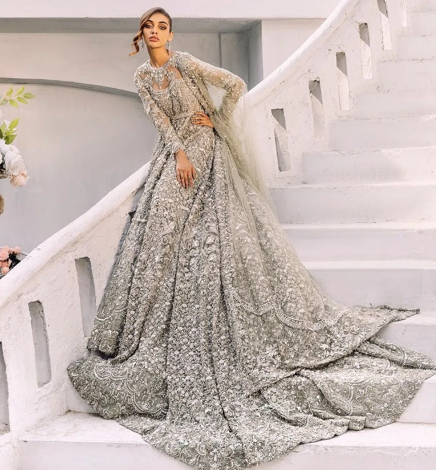 Heavy Long Tail Grey Lehenga Gown for Indian Bridal Wear