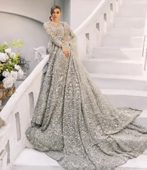 Heavy Long Tail Grey Lehenga Gown for Indian Bridal Wear
