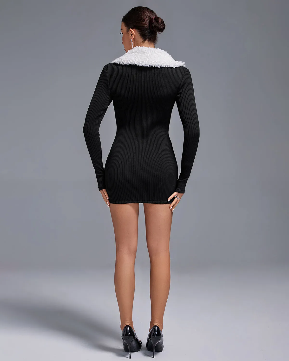 High Fur-Collar Zipped  Mini Dress