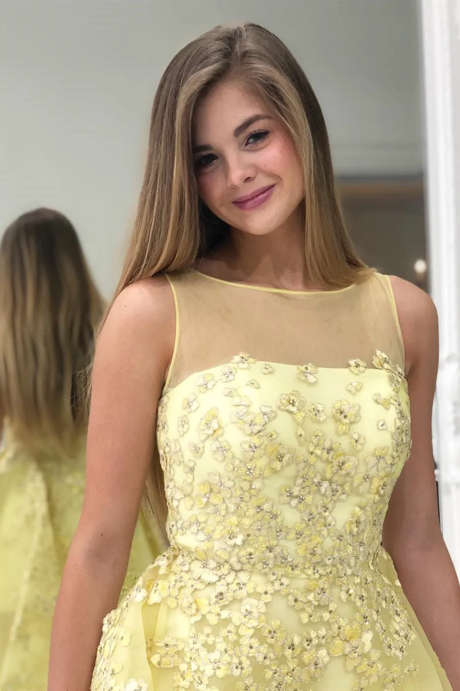 High Low Round Neck Yellow Floral Lace Long Prom Dress, Yellow Lace Formal Dress, Yellow Evening Dress