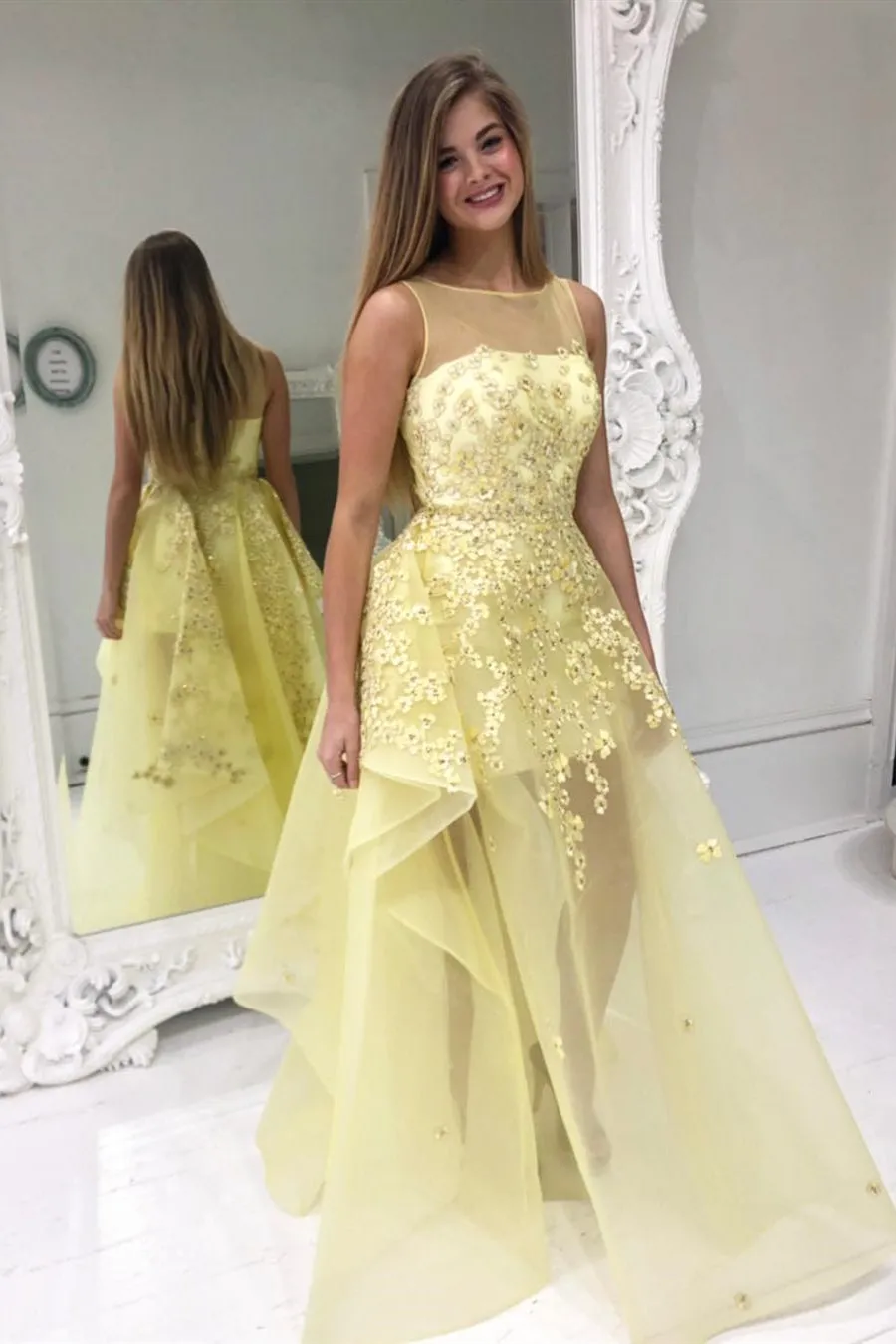 High Low Round Neck Yellow Floral Lace Long Prom Dress, Yellow Lace Formal Dress, Yellow Evening Dress