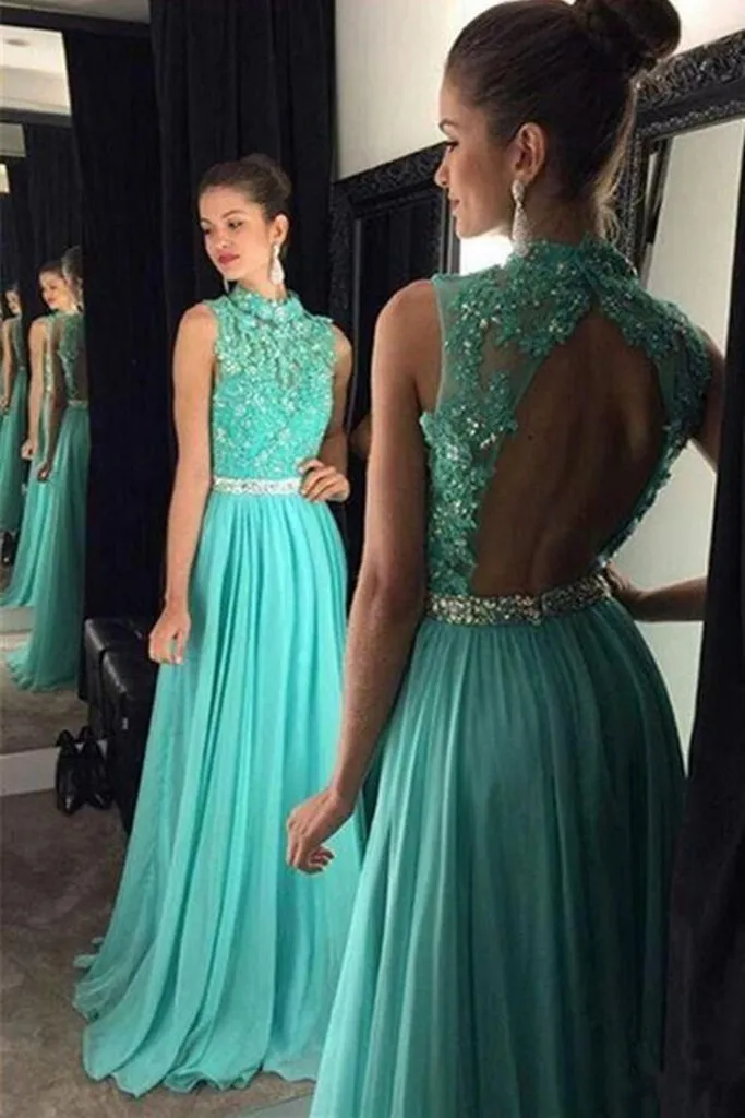 High Neck Backless Lace Appliques Green Long Prom Dresses, Open Back Green Lace Formal Evening Graduation Dresses