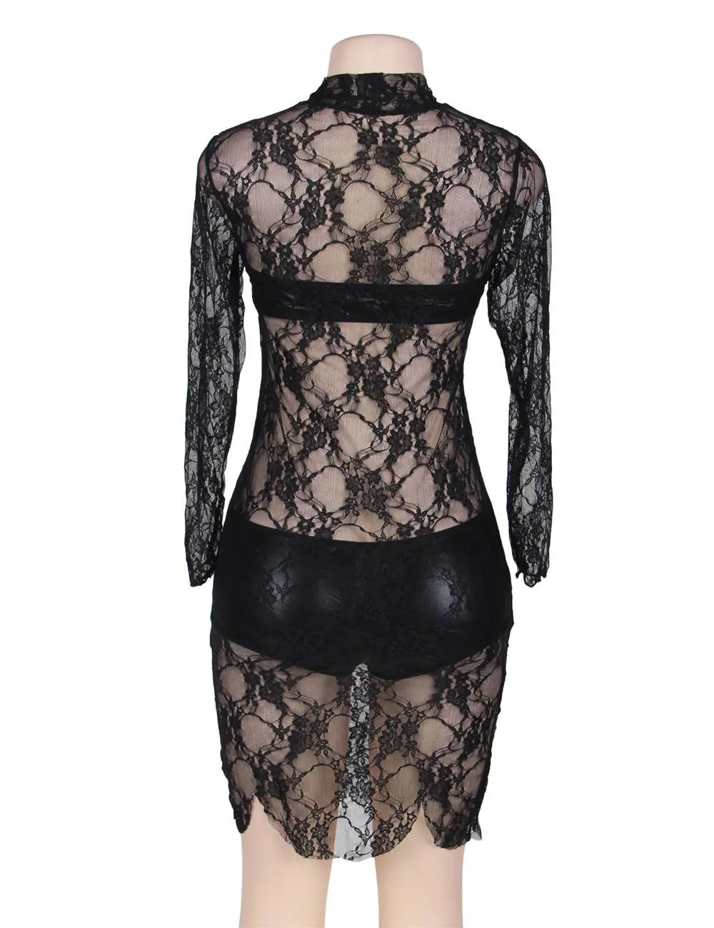 High Neck Black Lace Long Sleeve Lingerie Set