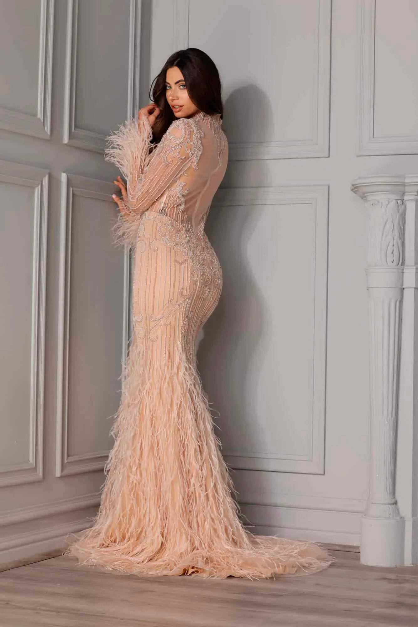 High Neck Feather Beaded Gown