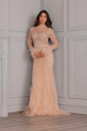 High Neck Feather Beaded Gown