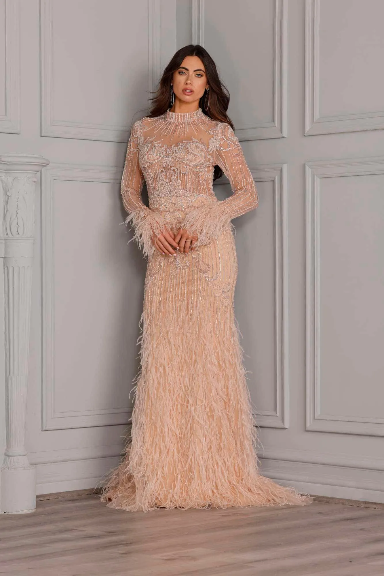 High Neck Feather Beaded Gown