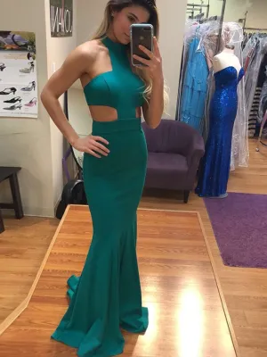 High Neck Green Mermaid Cutout Satin Long Prom Dress, Green Mermaid Cutout Evening Dress