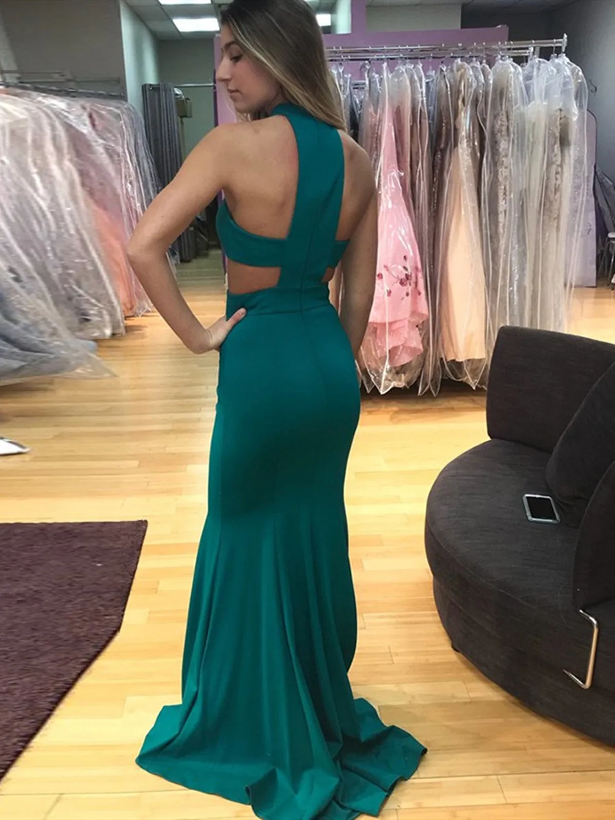 High Neck Green Mermaid Cutout Satin Long Prom Dress, Green Mermaid Cutout Evening Dress