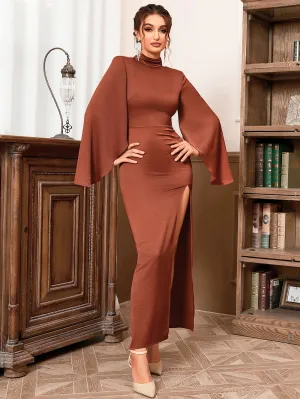 High Neck Horn Cuffs Maxi Bodycon Dress HB10071