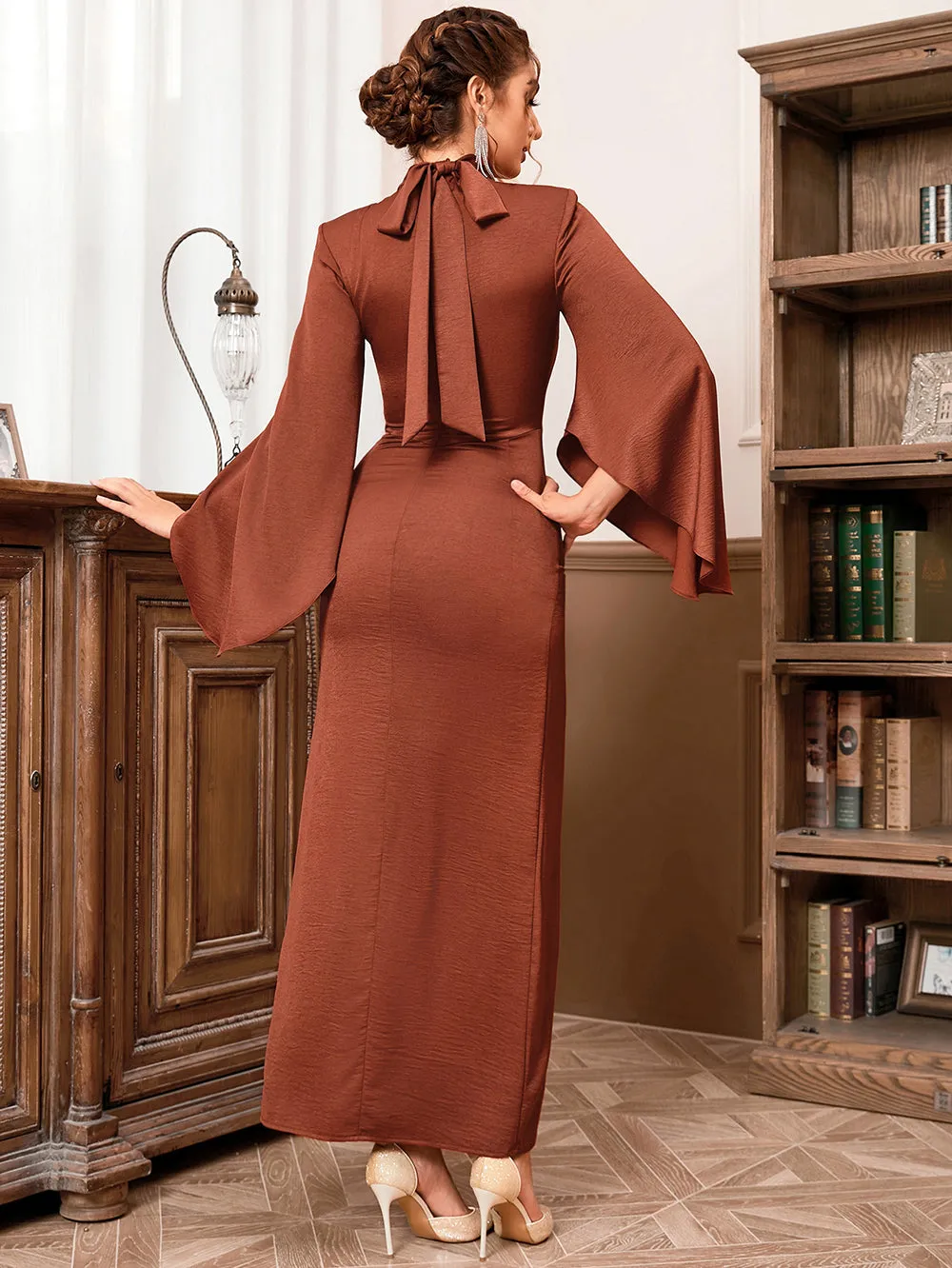 High Neck Horn Cuffs Maxi Bodycon Dress HB10071