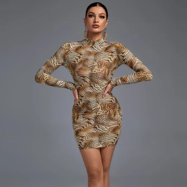 High Neck Long Sleeve Distinctive Mini Dress