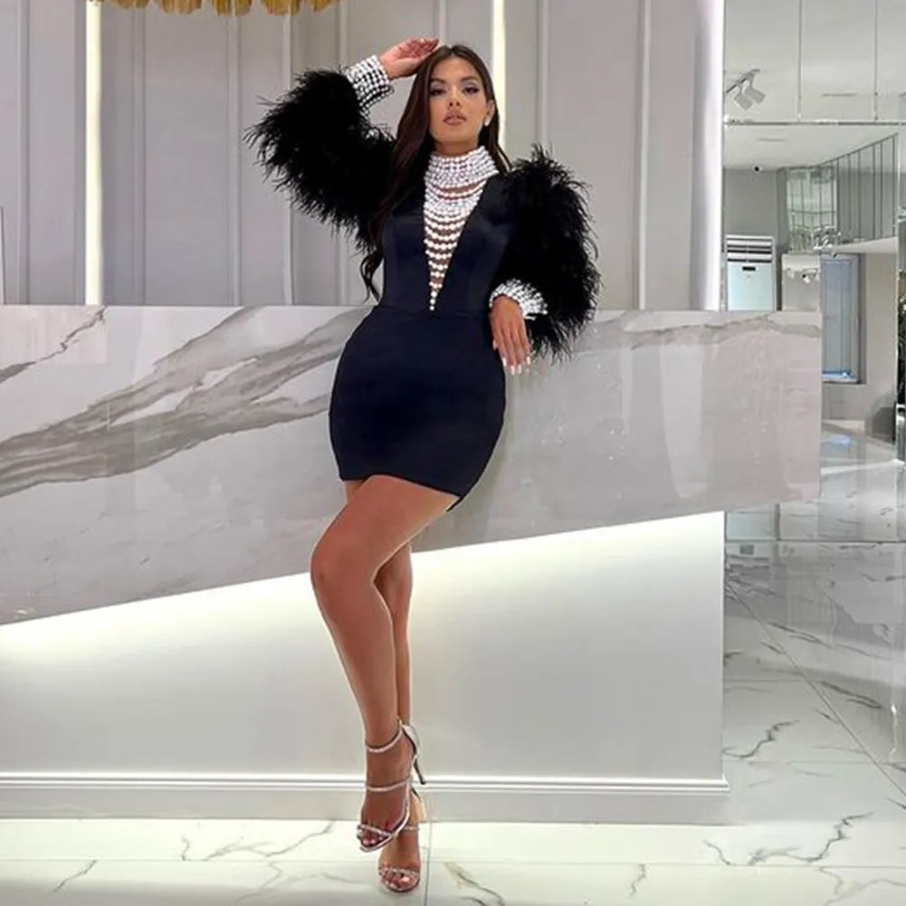 High Neck Long Sleeve Pearl Mini Bodycon Dress HT9300