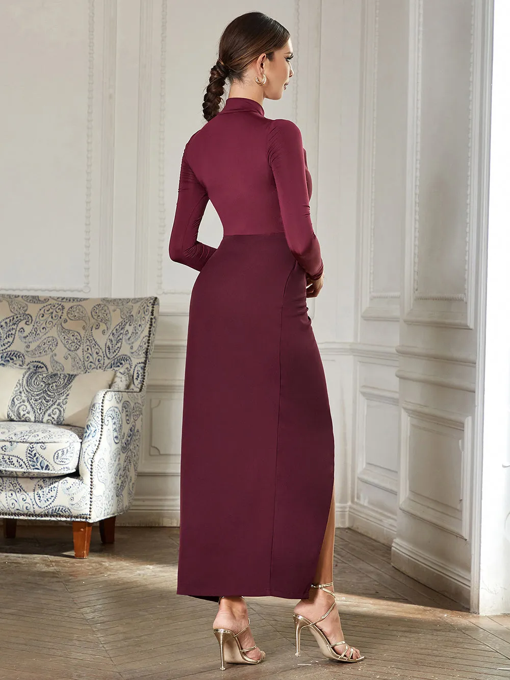 High Neck Long Sleeve Splicing Maxi Bodycon Dress HB0349
