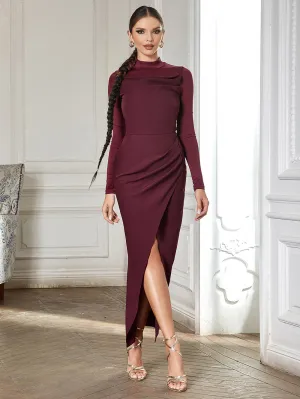 High Neck Long Sleeve Splicing Maxi Bodycon Dress HB0349