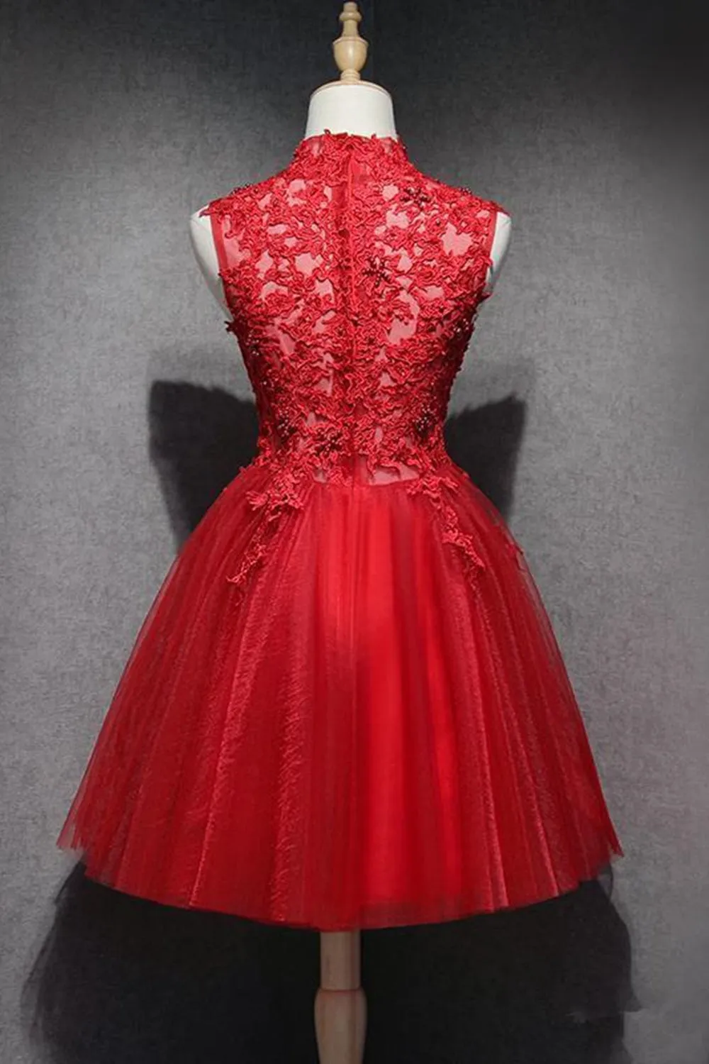 High Neck Red Lace Short Prom Dress, Red Lace Homecoming Dress, Red Formal Graduation Evening Dress A1314
