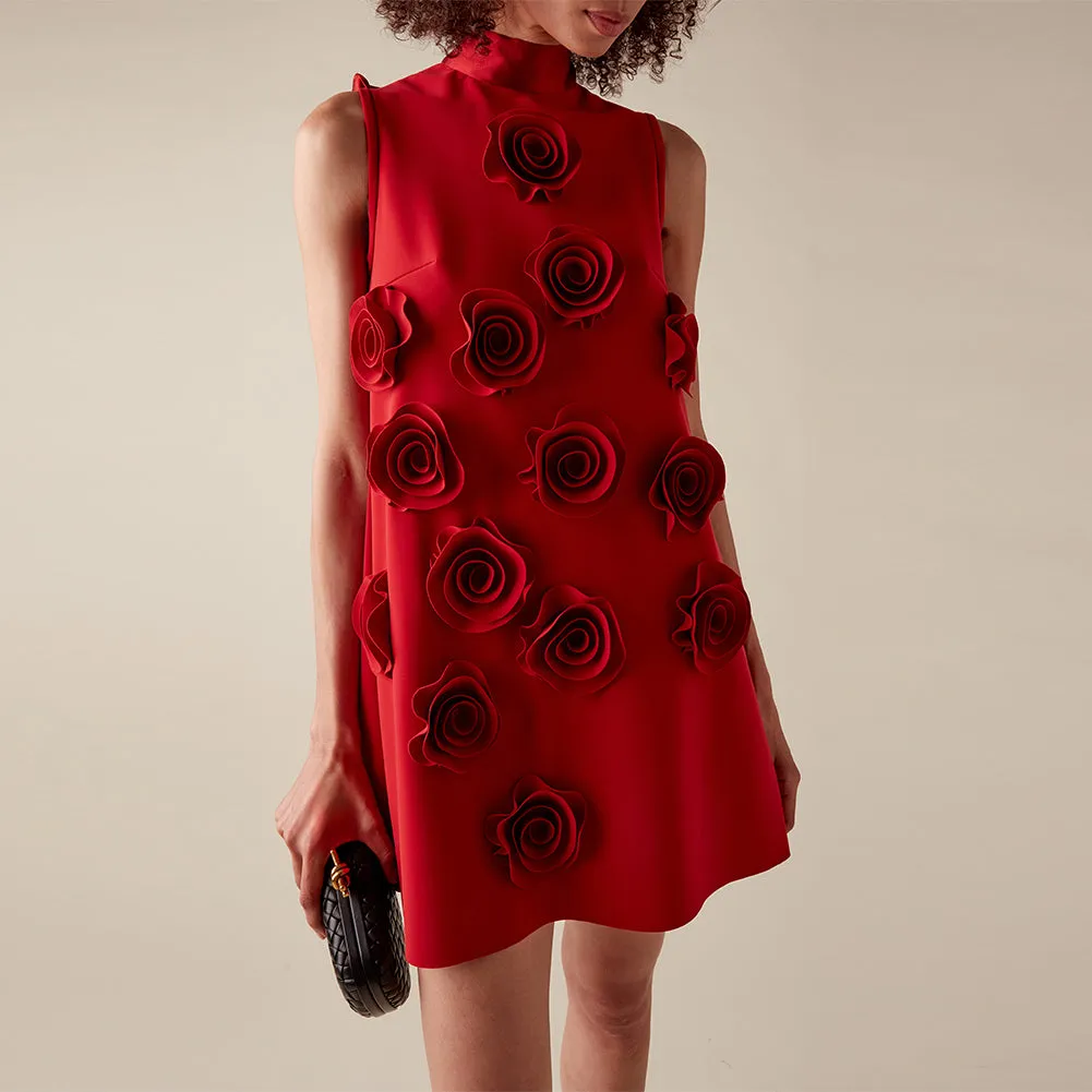 High Neck Sleeveless Flowers Mini Dress KLYF1277