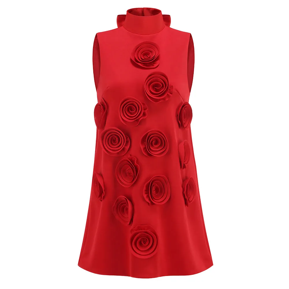 High Neck Sleeveless Flowers Mini Dress KLYF1277