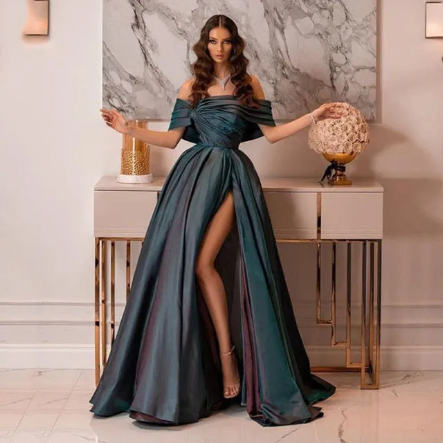 High Side Split Satin Prom Dresses Long Evening Gowns