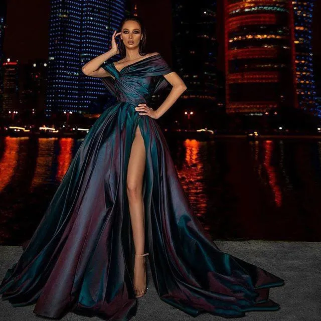 High Side Split Satin Prom Dresses Long Evening Gowns