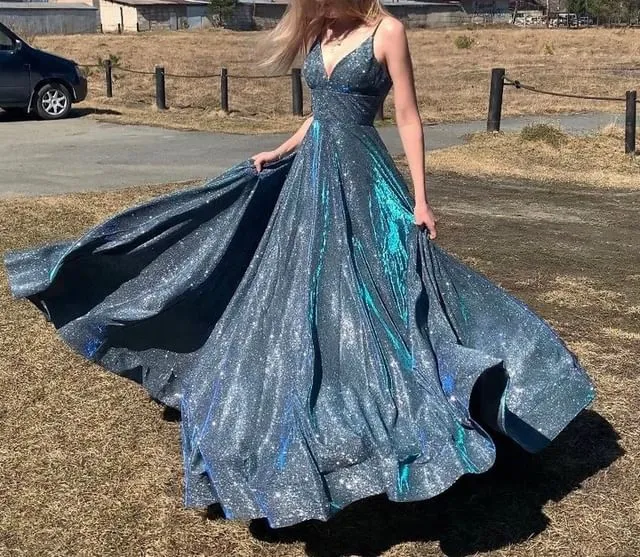Hot Spaghetti Strap Glitter V Neck Prom Dresses Split Homecoming Dresses