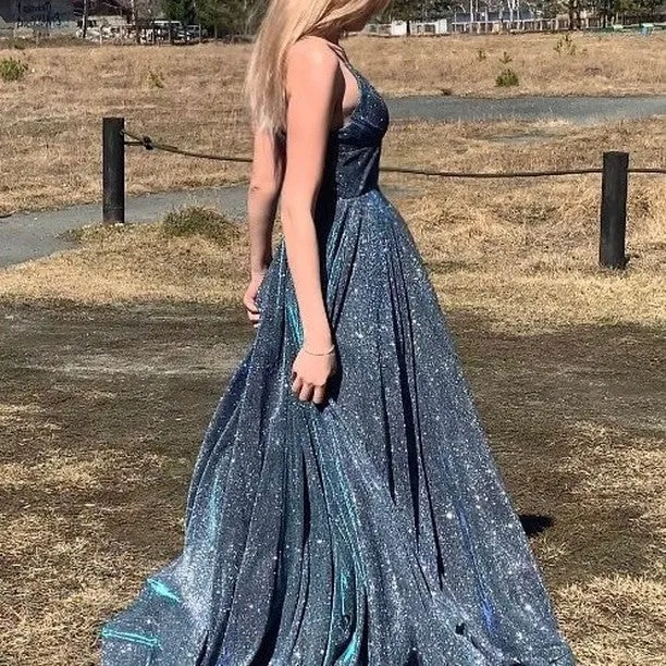 Hot Spaghetti Strap Glitter V Neck Prom Dresses Split Homecoming Dresses