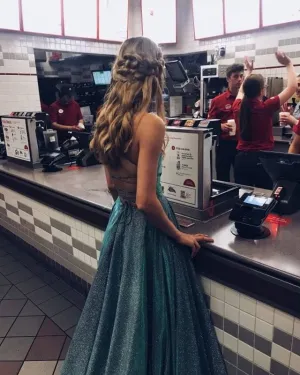 Hot Spaghetti Strap Glitter V Neck Prom Dresses Split Homecoming Dresses
