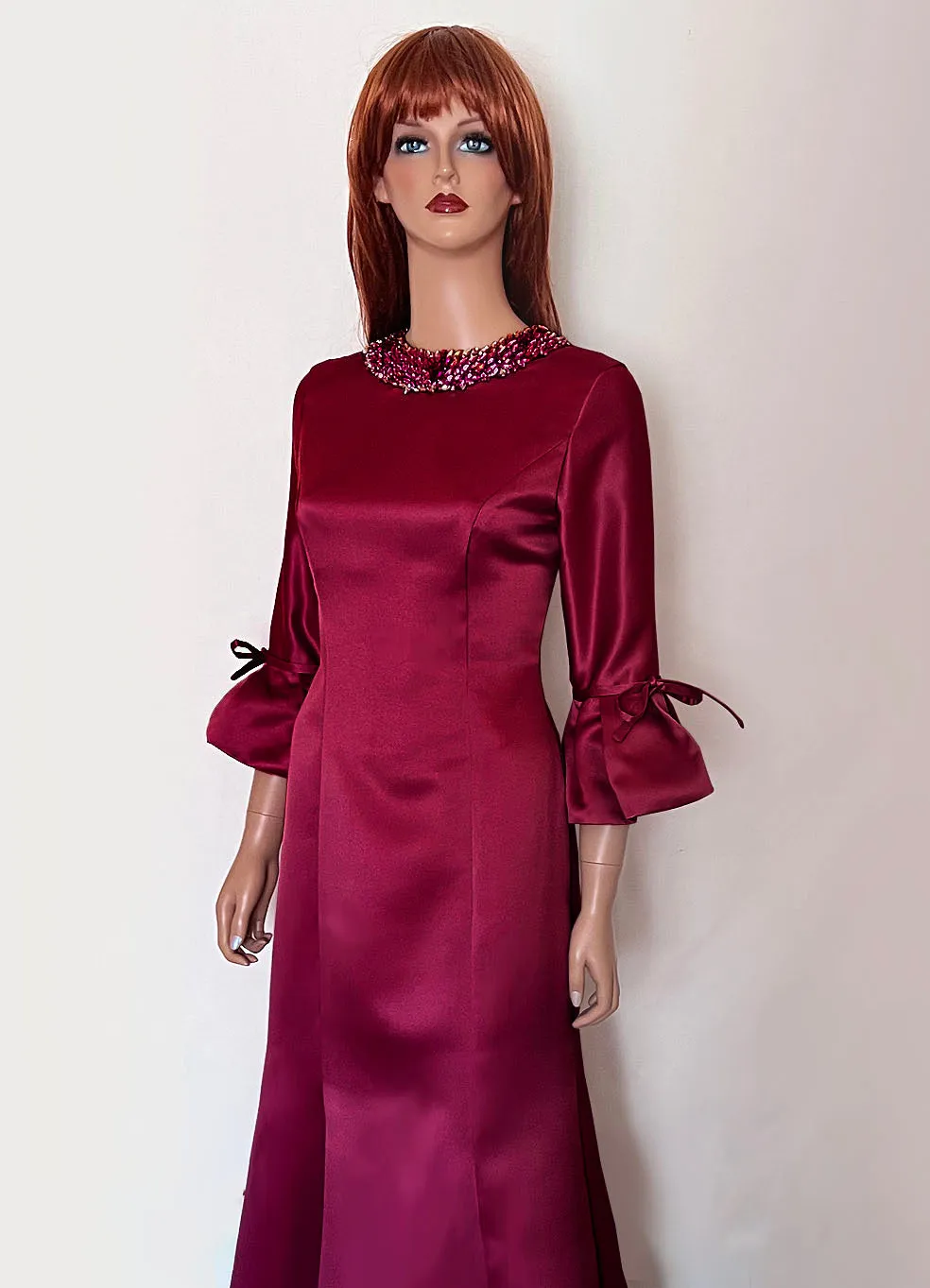 Icaria 3/4 Sleeve Gown with Crystal Embellished Neckline