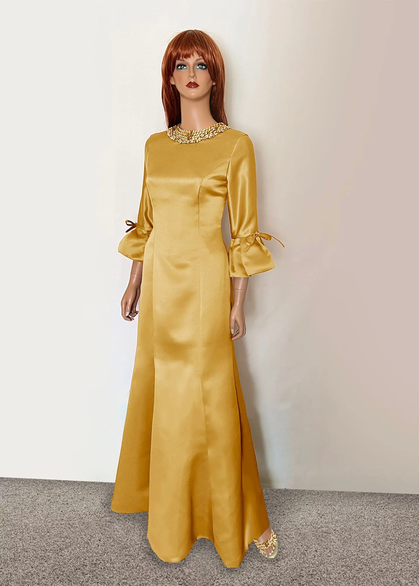 Icaria 3/4 Sleeve Gown with Crystal Embellished Neckline