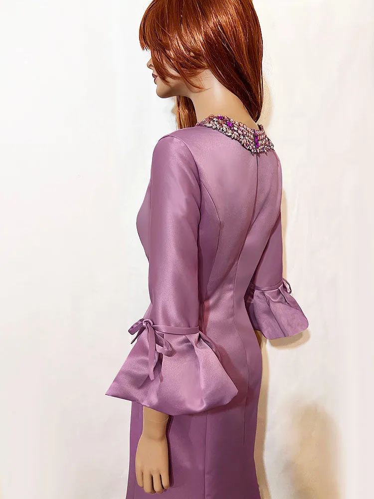 Icaria 3/4 Sleeve Gown with Crystal Embellished Neckline