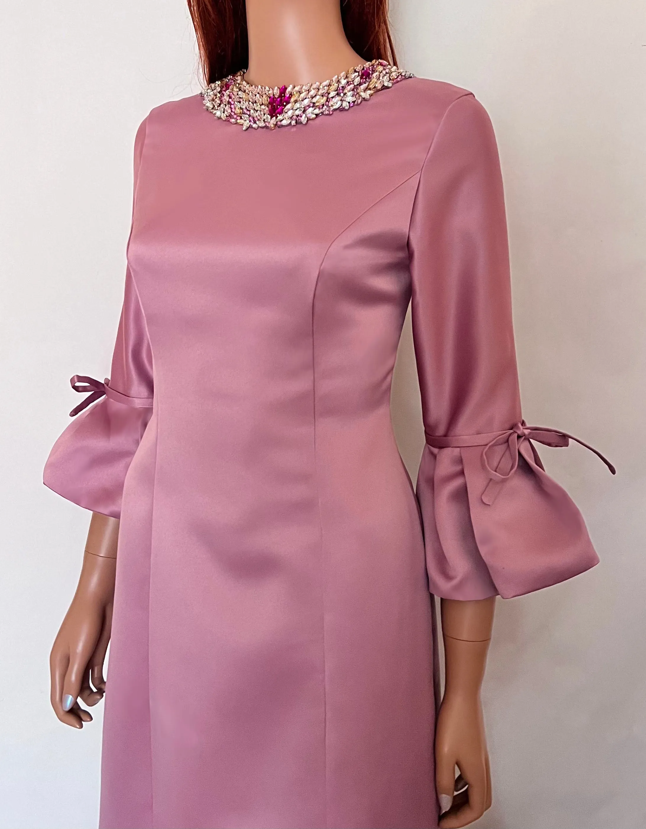 Icaria 3/4 Sleeve Gown with Crystal Embellished Neckline
