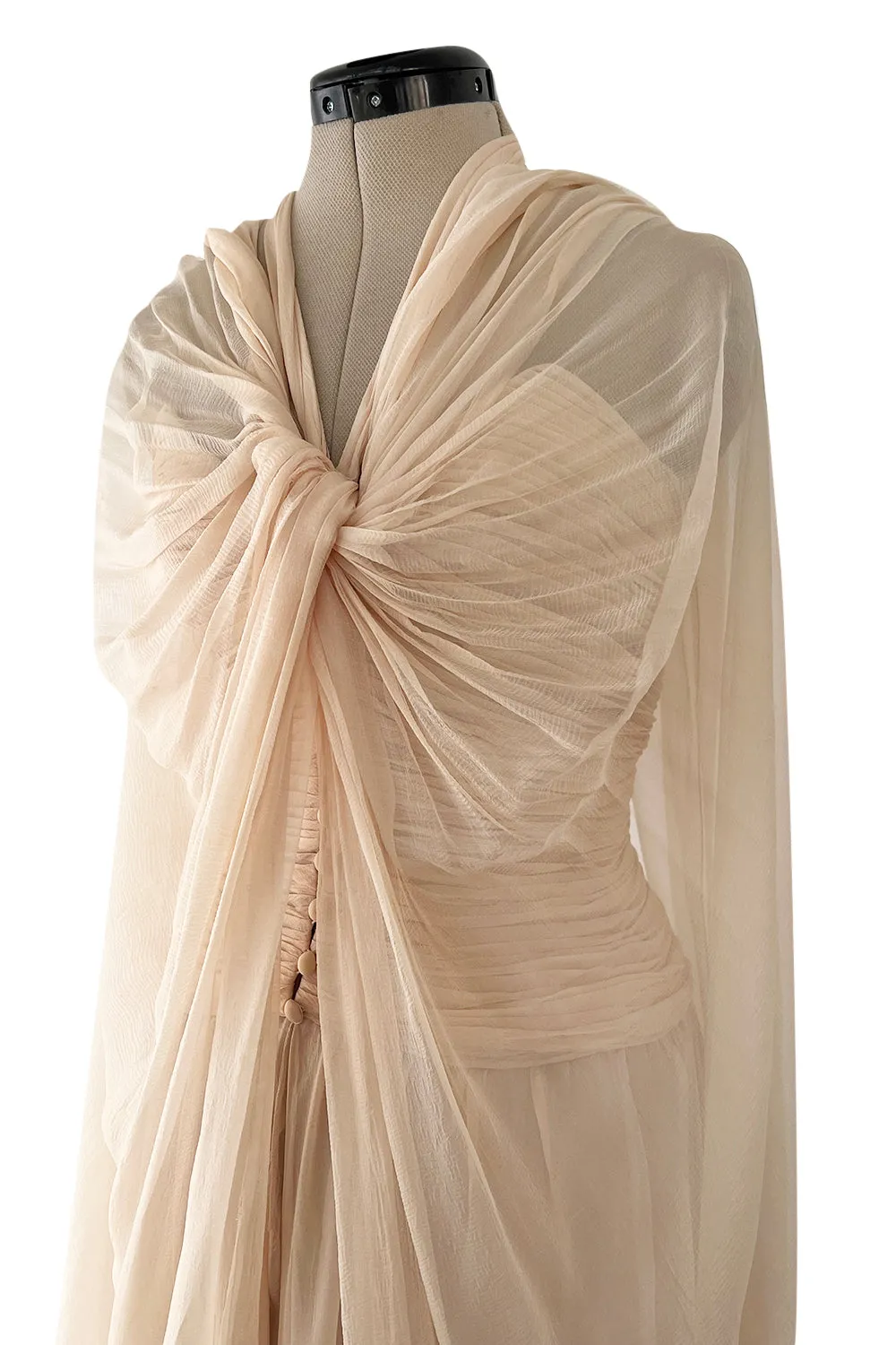 Incredible Spring 1985 Chanel by Karl Lagerfeld Pale Nude Silk Chiffon Dress w Attached Cape