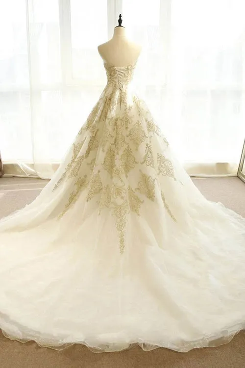Ivory Gold Appliques Wedding Dresses Sweep/Brush Train Bridal Gown,MW390