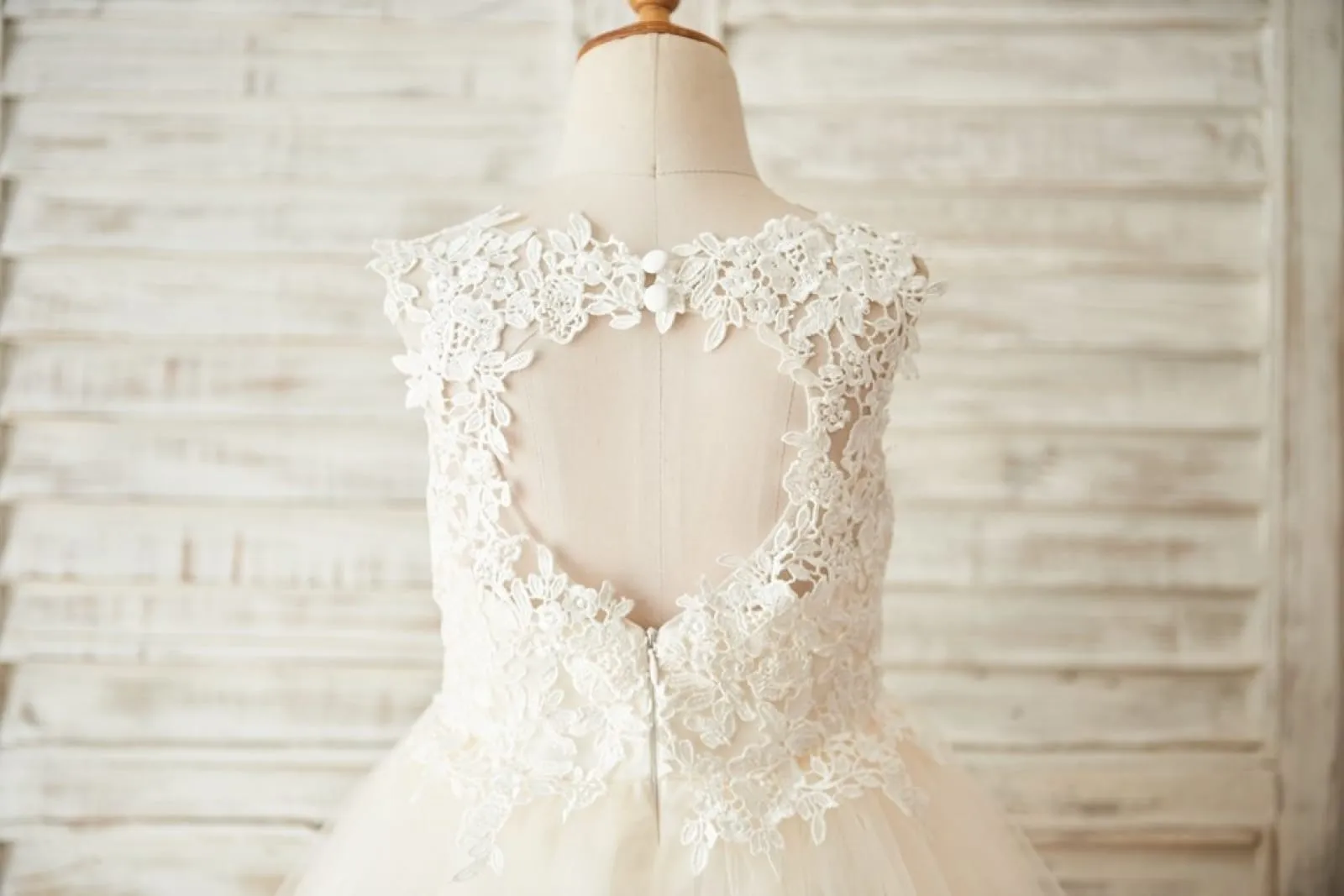 Ivory Lace Champagne/Blush Tulle Keyhole Back Wedding Flower Girl Dress