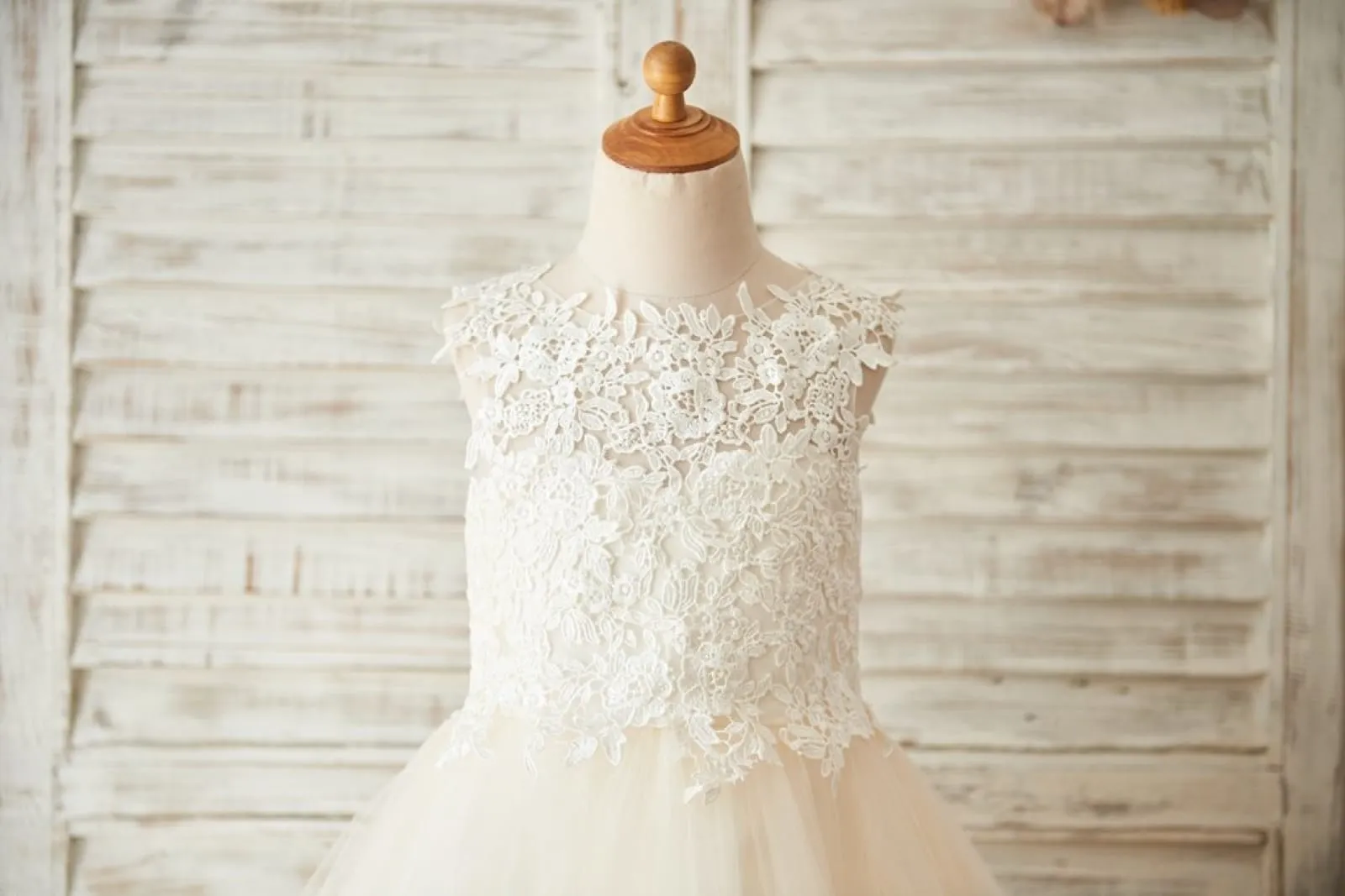Ivory Lace Champagne/Blush Tulle Keyhole Back Wedding Flower Girl Dress