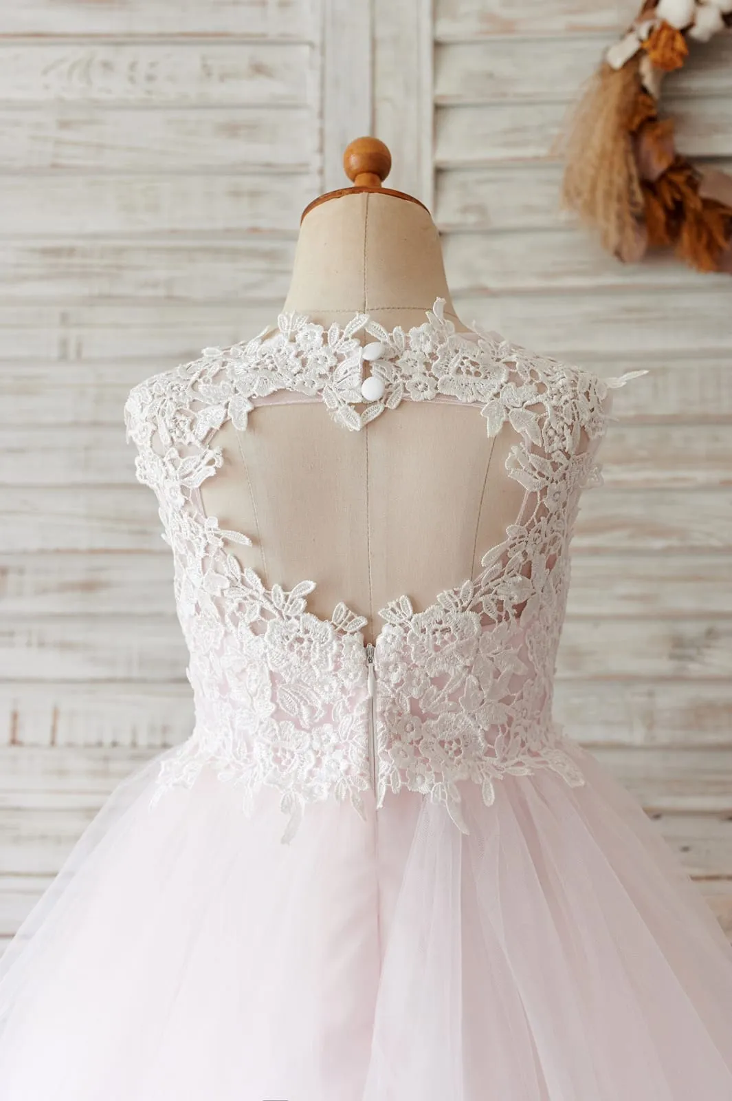 Ivory Lace Champagne/Blush Tulle Keyhole Back Wedding Flower Girl Dress