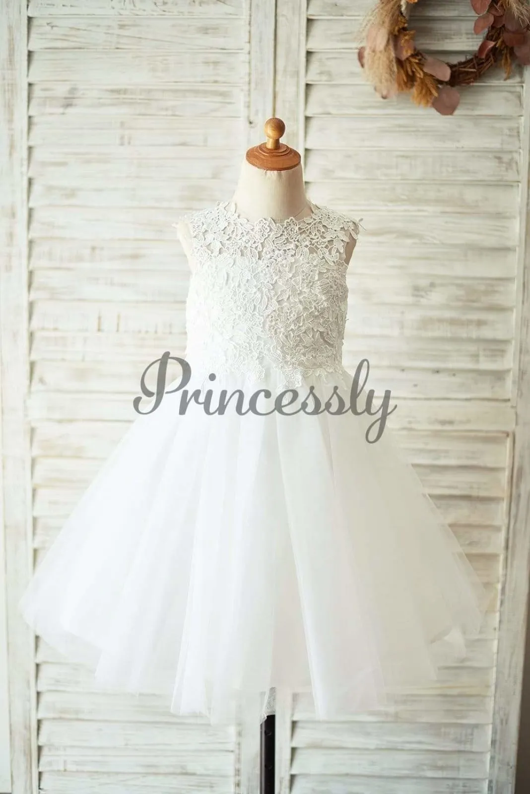 Ivory Lace Champagne/Blush Tulle Keyhole Back Wedding Flower Girl Dress