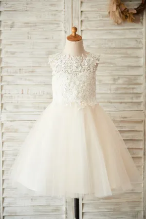 Ivory Lace Champagne/Blush Tulle Keyhole Back Wedding Flower Girl Dress
