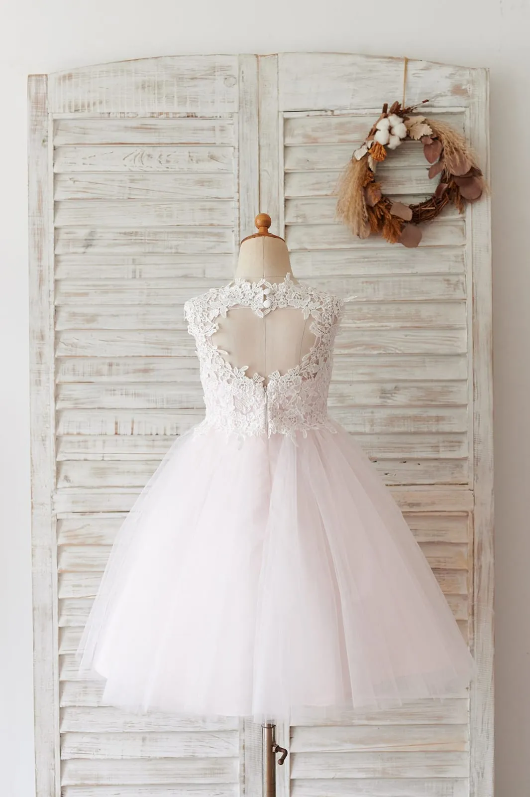 Ivory Lace Champagne/Blush Tulle Keyhole Back Wedding Flower Girl Dress