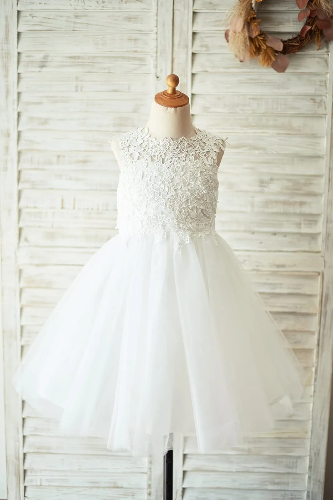 Ivory Lace Champagne/Blush Tulle Keyhole Back Wedding Flower Girl Dress