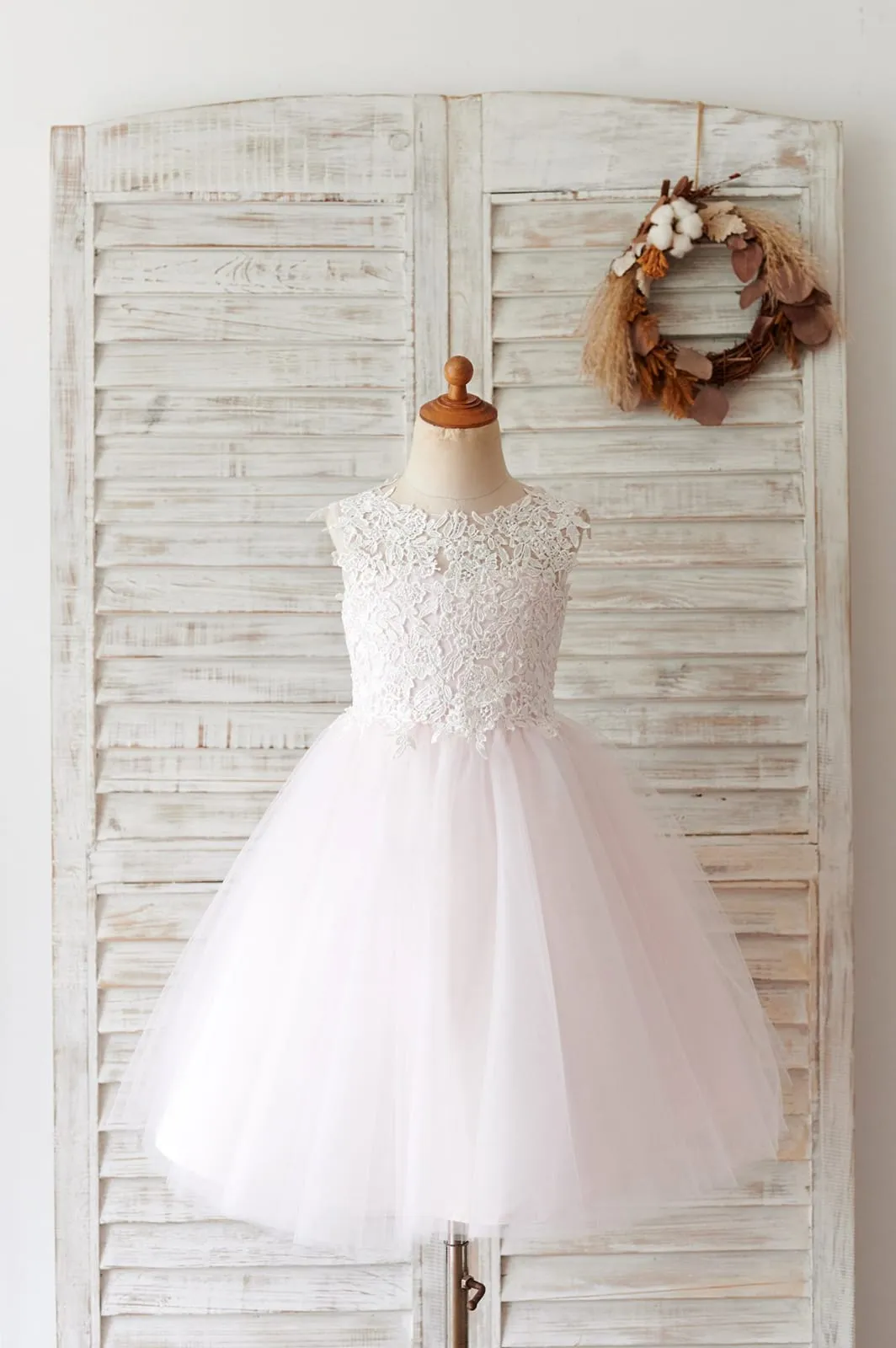Ivory Lace Champagne/Blush Tulle Keyhole Back Wedding Flower Girl Dress