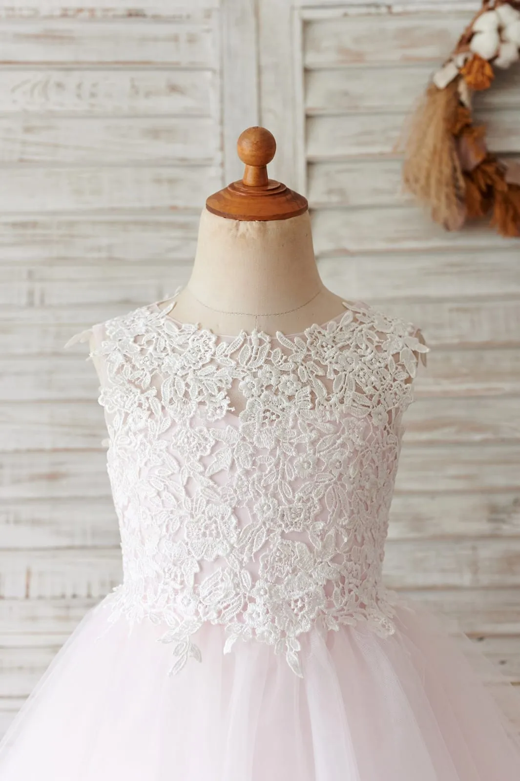 Ivory Lace Champagne/Blush Tulle Keyhole Back Wedding Flower Girl Dress