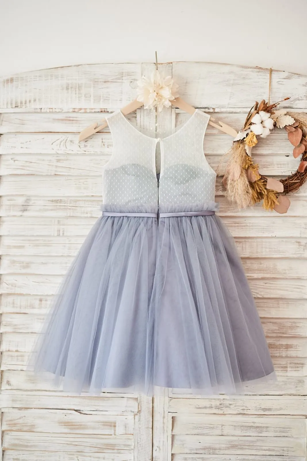 Ivory Lace Gray Tulle Sheer Back Wedding Flower Girl Dress, Belt