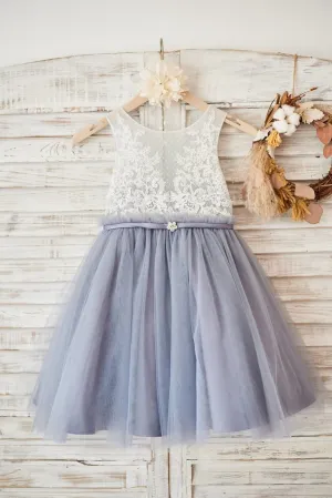 Ivory Lace Gray Tulle Sheer Back Wedding Flower Girl Dress, Belt