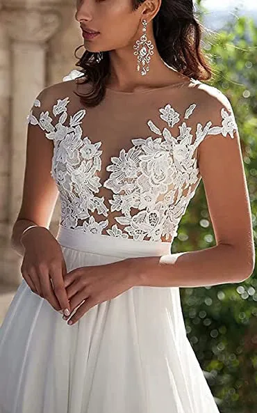 Jersey A-Line V-neck Wedding Dress Simple Romantic Casual Elegant Adorable Beach With And Illusion Short Sleeves And Appliques-716795