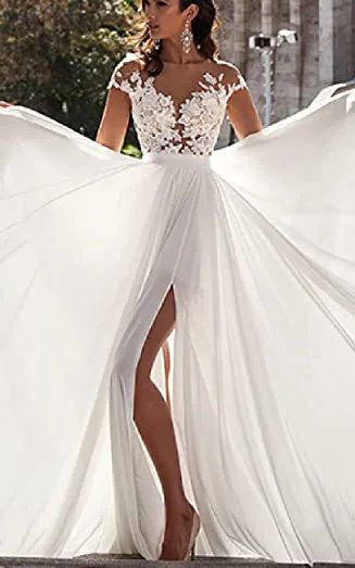 Jersey A-Line V-neck Wedding Dress Simple Romantic Casual Elegant Adorable Beach With And Illusion Short Sleeves And Appliques-716795