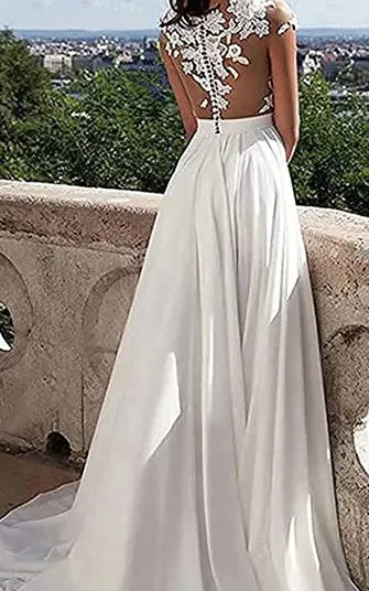 Jersey A-Line V-neck Wedding Dress Simple Romantic Casual Elegant Adorable Beach With And Illusion Short Sleeves And Appliques-716795