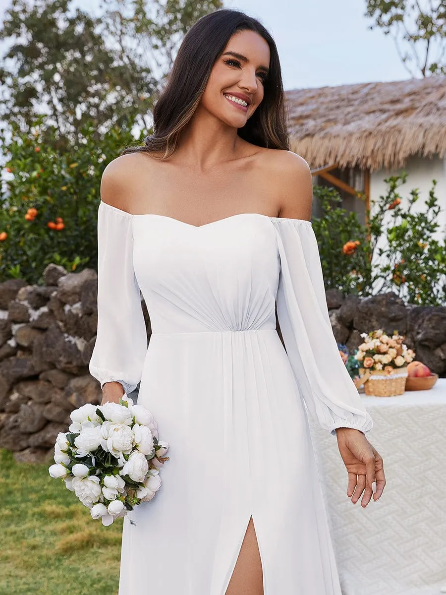 Julia off shoulder ivory chiffon wedding dress with split s20 Express NZ wide