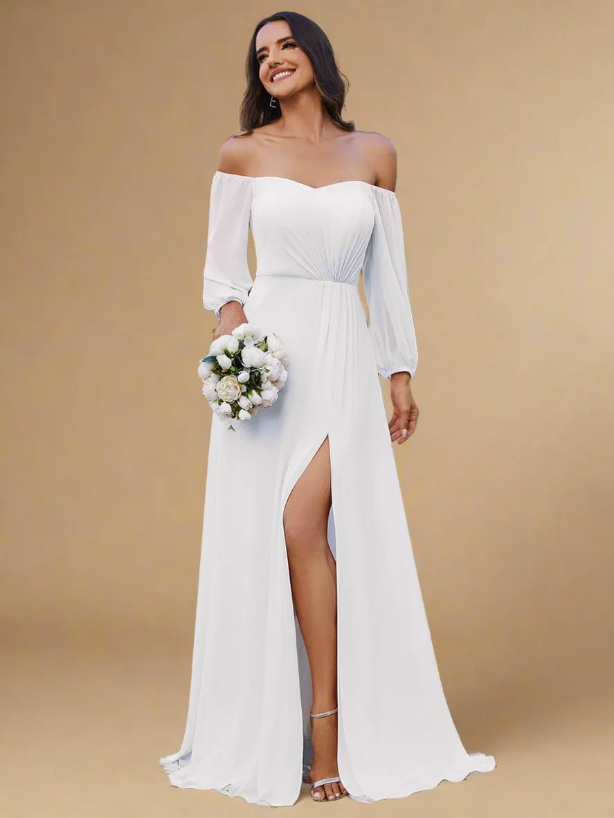 Julia off shoulder ivory chiffon wedding dress with split s20 Express NZ wide