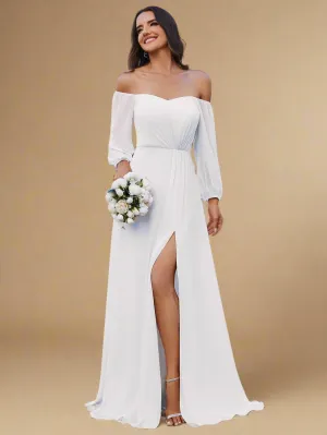 Julia off shoulder ivory chiffon wedding dress with split s20 Express NZ wide