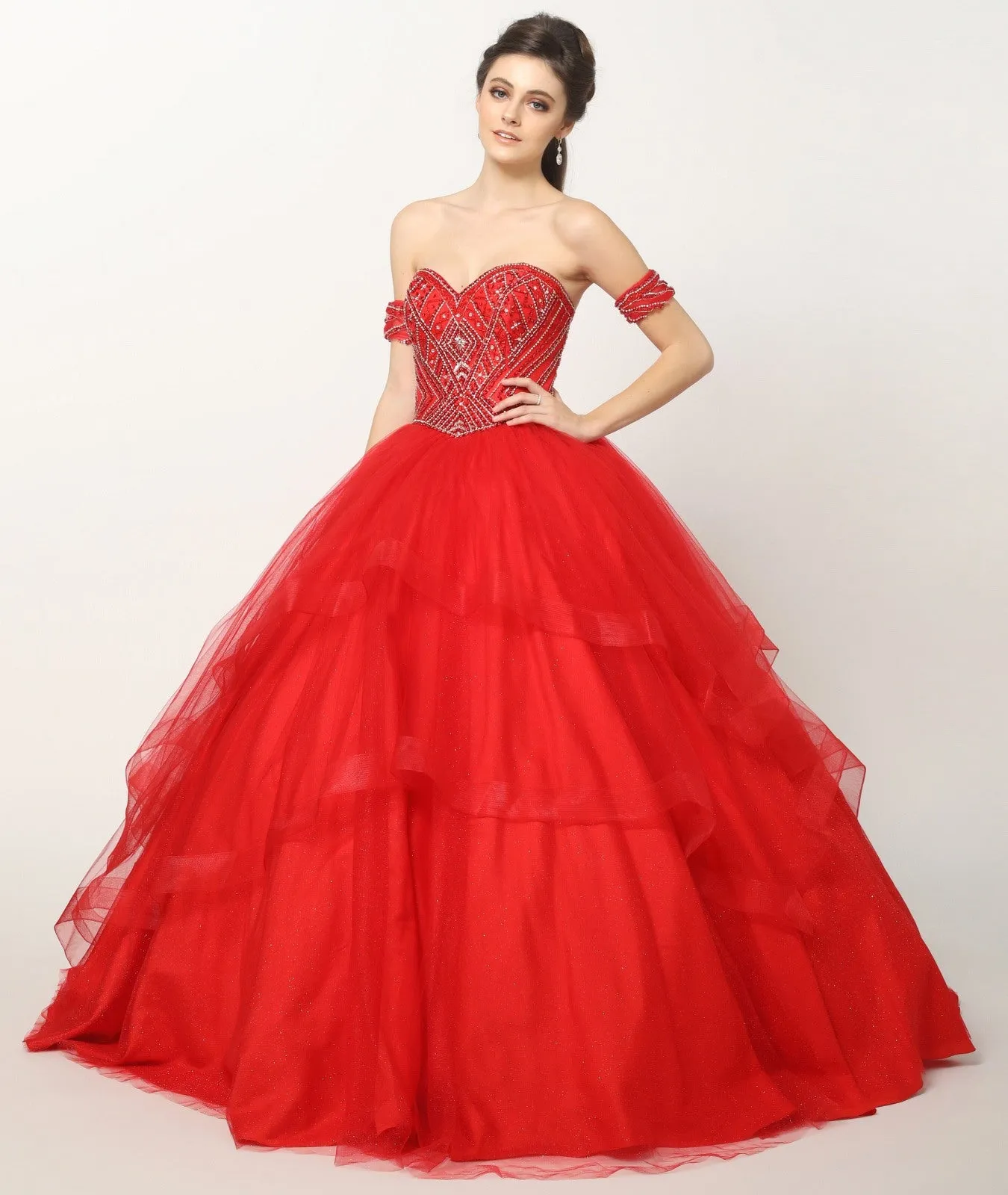 Juliet 1424 Quinceanera Ball Gown Tulle Skirt Arm Bands Beaded Bodice